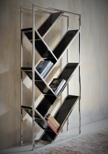Designerski regał ze stali nierdzewnej i czarnego hartowanego szkła 180x90x26 