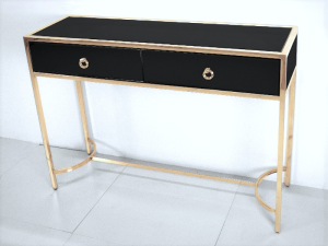 Konsola z czarnego szkła i złotej stali 110x35x82