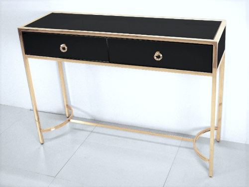 Konsola z czarnego szkła i złotej stali 110x35x82