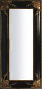 Kryształowe lustro w czarnej oprawie z postarzanymi złotymi zdobieniami 150x70